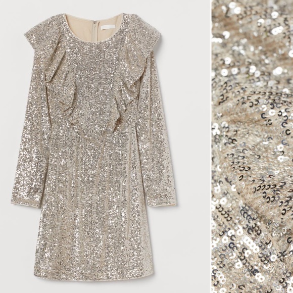 H&M festive cream flounce-trimmed sequined long sleeve mini dress NWT - Picture 1 of 10